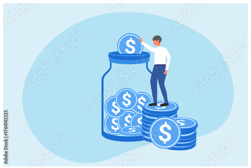 Saving money, Investment and finance growth business revenue concept. Investments coins saving vector illustration