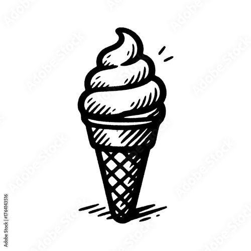 Black and white illustration of an ice cream cone in vintage style, perfect for summer, dessert, or retro design projects.