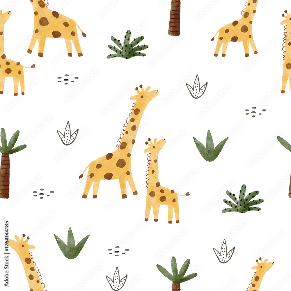 Naklejka premium Watercolor safari animals cute illustration. Hand Drawn African wild animals seamless pattern