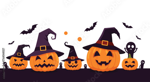 Halloween pumpkins wearing witch hats with bats flying around.