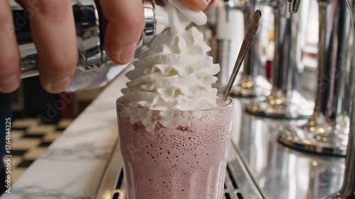 Pink milkshake creation with stainless steel machine and spoon at retro diner