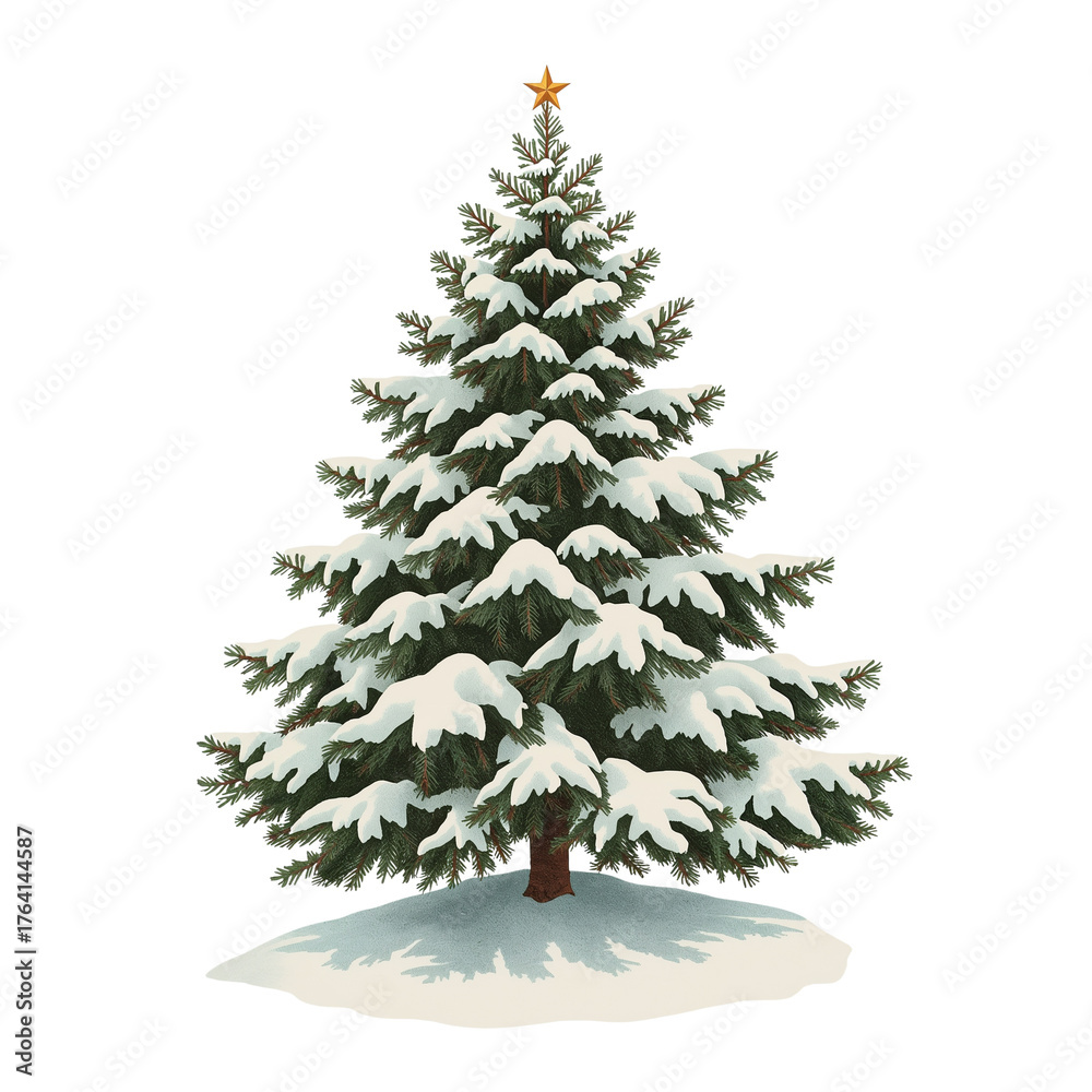 Fototapeta premium Isolated evergreen tree with festive star atop, adorned with fresh snow, silhouetted, against black