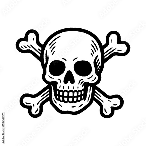 Black and white skull and crossbones illustration in vintage hand-drawn style.
