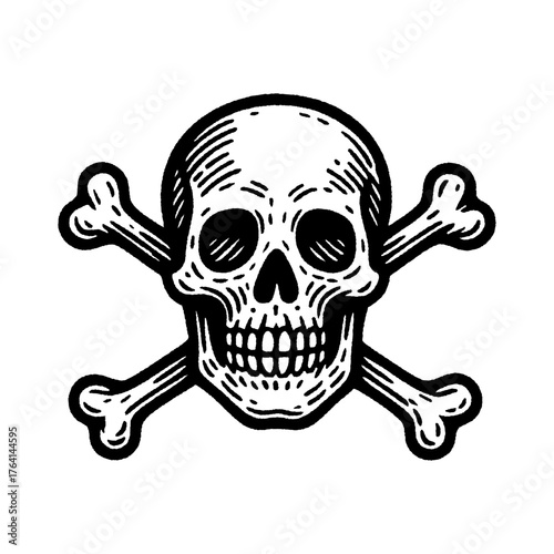 Black and white skull and crossbones illustration in vintage hand-drawn style.	