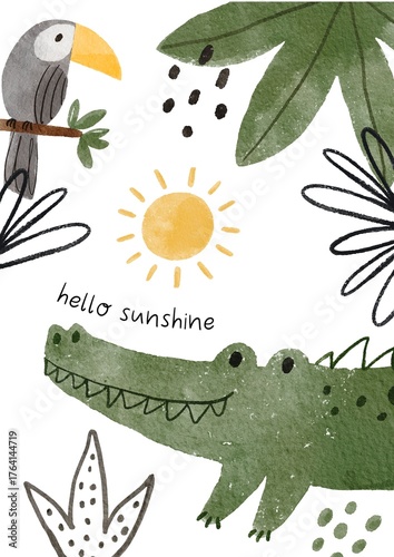 Watercolor safari animals cute illustration. Hand Drawn African wild animals character design.