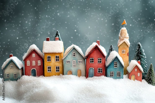 Cozy Christmas town in snow, colorful miniature houses and snowflakes falling, fairytale winter holiday background illustration for festive design and Christmas and New Year cards