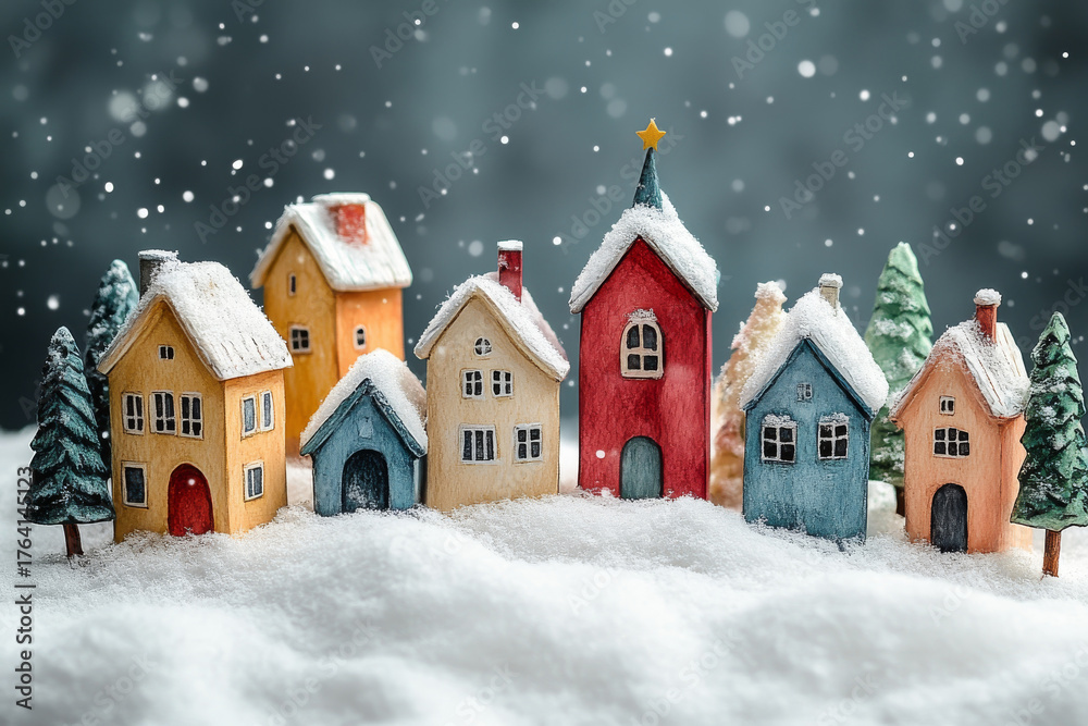 Fototapeta premium Fairy tale winter town. Cute Christmas houses in the snow. Beautiful background for Christmas and New Year greeting card design