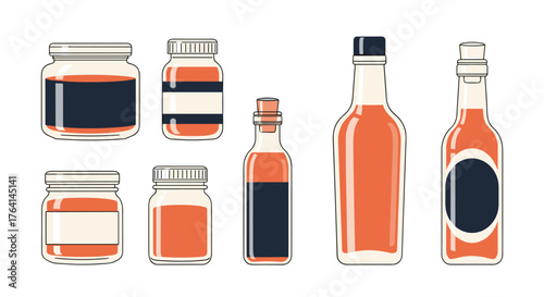 A collection of various sauce bottles and jars vector illustration.