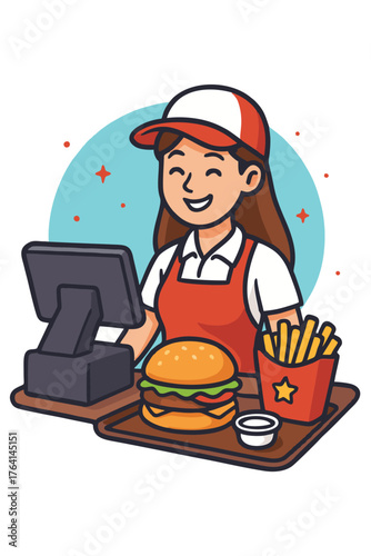 Smiling cartoon fast-food worker serving a hamburger and french fries at a counter with a cash register.
