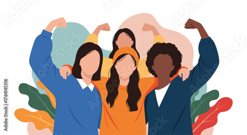 Diverse group of strong women flexing together in unity.