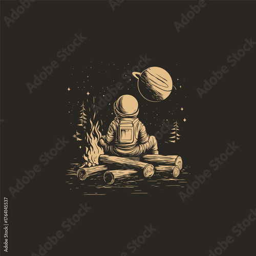 Dark vintage hand-drawn illustration depicting an astronaut sitting by a glowing campfire, resting on logs, with the planet Saturn visible in a starry night sky above a pine forest