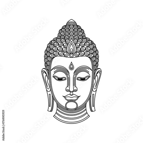 Detailed black and white line drawing of Buddha's face with intricate hair and serene expression.