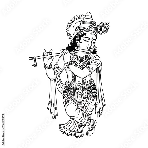 Line art illustration of Hindu deity Krishna playing the flute, adorned with traditional jewelry and a peacock feather in his hair.