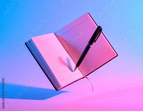 Opened notebook with pen casting a shadow, illuminated by pink/blue light