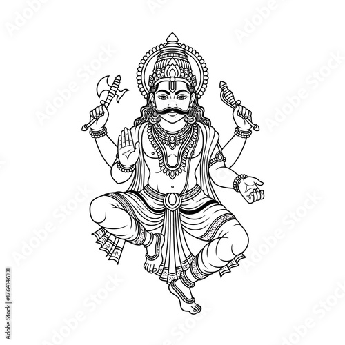 Detailed black and white line art illustration of a multi-armed Hindu deity, possibly Shani Dev, adorned with a crown and jewelry, holding an axe and a mace,...
