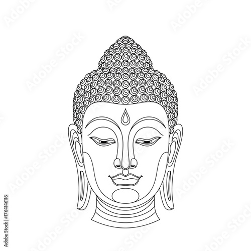 A serene, symmetrical black and white line art illustration of the head of Buddha, showing a peaceful, meditative expression.