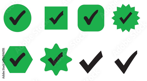 Collection of green check mark icons isolated on white background includes various shapes such as circles, squares, stars, hexagons, and simple check marks, all in a flat design style