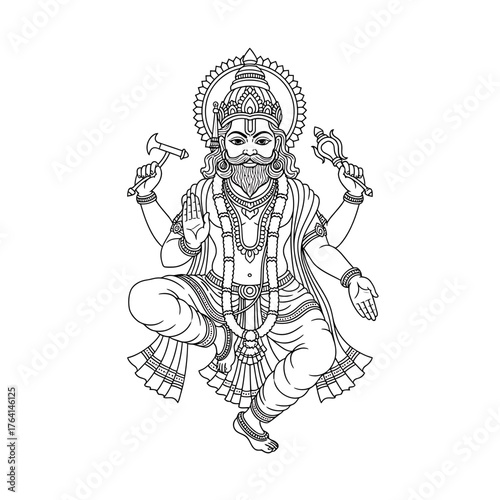 A detailed line art illustration depicting a seated Hindu deity with multiple arms, holding objects, and radiating a halo.