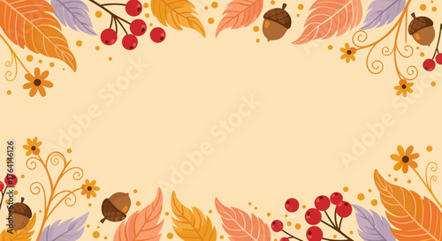 A warm autumn vector template with a decorative frame of colorful leaves, red berries, acorns, and floral swirls on a light background.