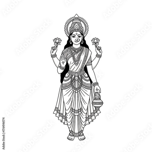 Line art illustration of the Hindu goddess Lakshmi, holding lotus flowers and a pot, adorned with jewelry and a halo.