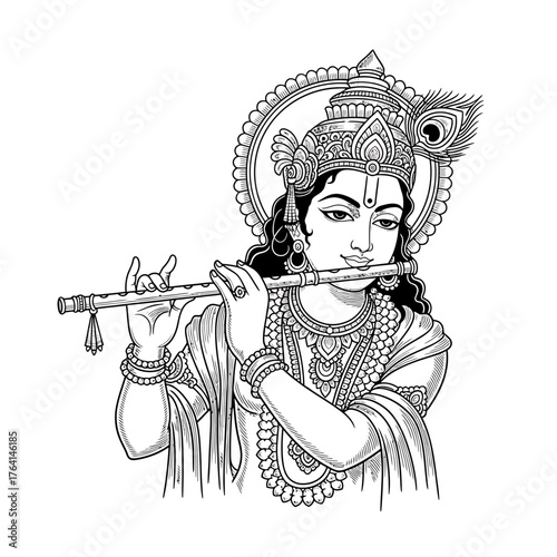 Intricate monochrome illustration of Lord Krishna playing the flute, adorned with traditional jewelry, a crown, and a peacock feather, set against a halo.