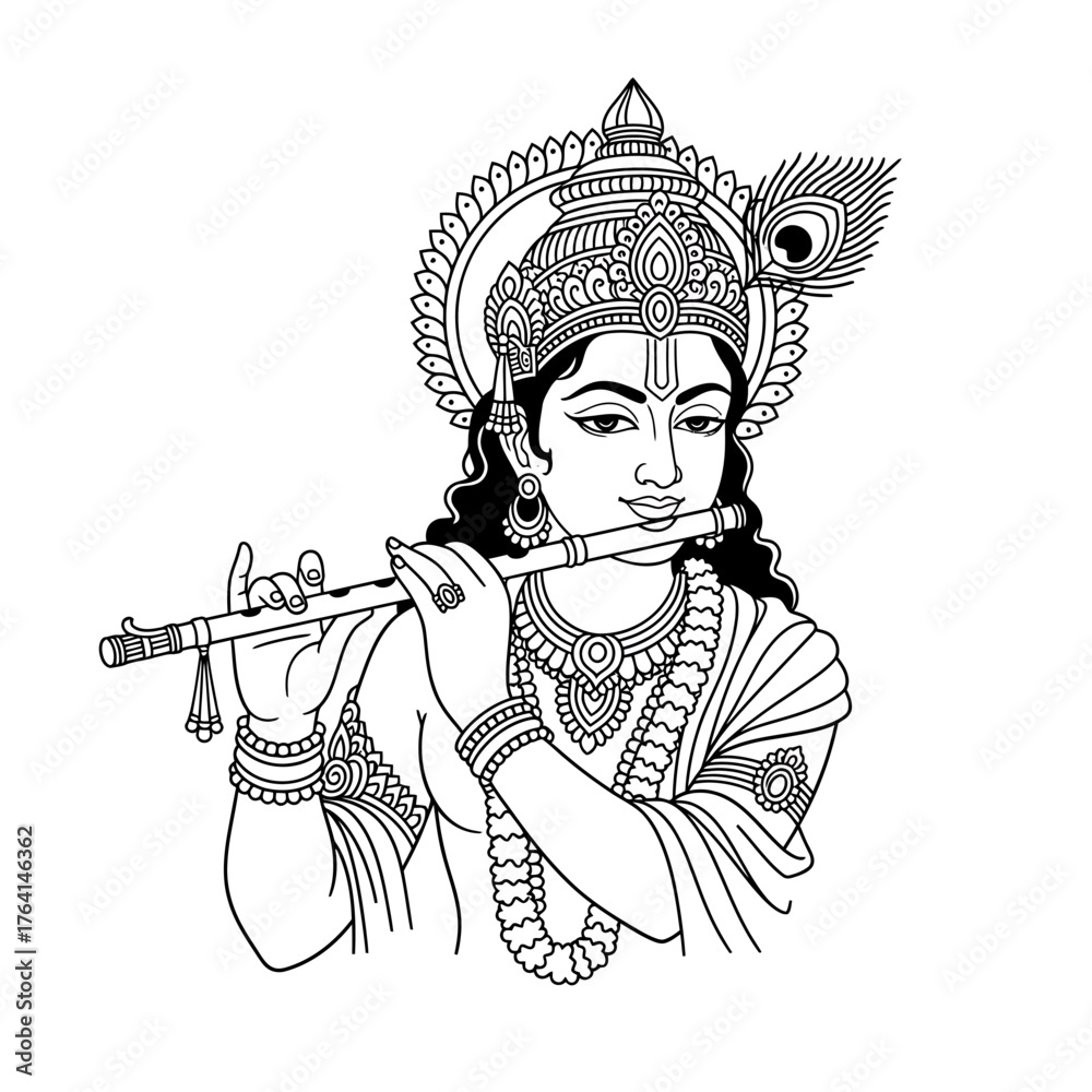 Obraz premium A beautiful black and white line art illustration of the Hindu god Lord Krishna playing his traditional flute.