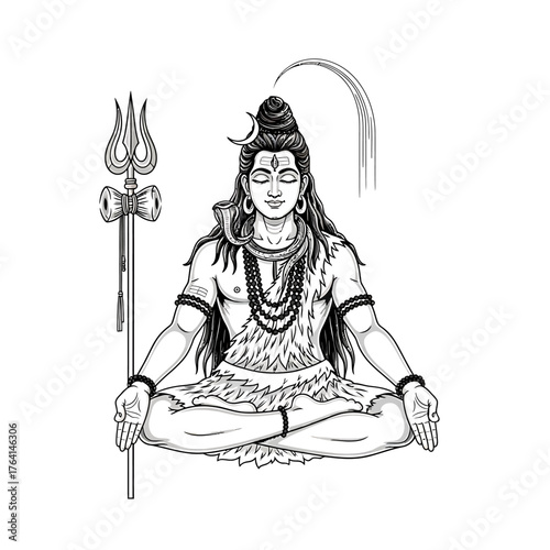 A black and white line drawing of the Hindu deity Lord Shiva meditating in a lotus pose with his trident.