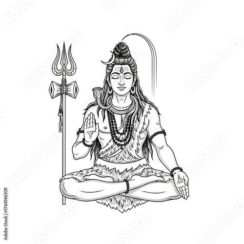An illustration of the Hindu deity Lord Shiva in deep meditation, seated in a lotus position with his Trishula.