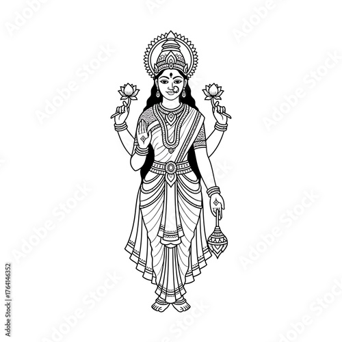 A black and white illustration depicts a four-armed Hindu goddess, adorned in traditional Indian attire and jewelry, holding lotus flowers and a bell.