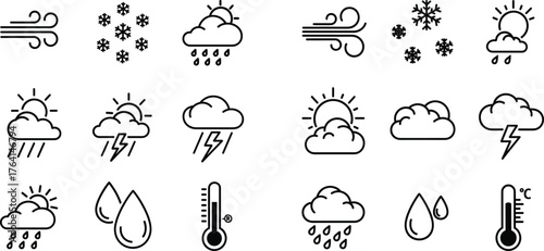 Bold Line Art Weather and Temperature Icon Set