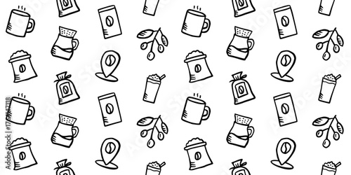 Seamless Coffee Shop and Cafe Doodle Pattern. Outline Vector Illustration of Coffee Icons: Cup, Mug, Beans, Location, and To-Go Drink for Packaging, Menu, and Background Design