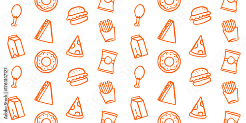 Seamless Fast Food Doodle Pattern. Orange Outline Vector Illustration of Junk Food Icons: Burger, Pizza, Fries, Donut, and Chicken for Cafe Menu, Packaging, and Restaurant Backgrounds