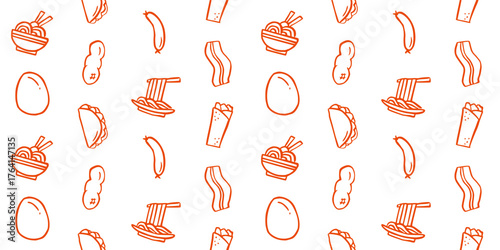 Seamless Breakfast and Street Food Doodle Pattern. Outline Vector Illustration of Food Icons: Noodle, Egg, Bacon, Taco, and Burrito for Menu, Packaging, and Background Design