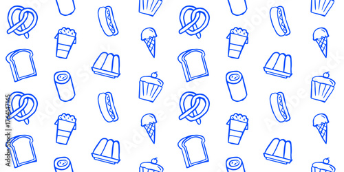 Seamless Doodle Fast Food and Snack Pattern. Outline Vector Illustration of Junk Food Icons: Pretzel, Hotdog, Ice Cream, Cake, and Soft Drink for Background, Fabric, and Print Designs