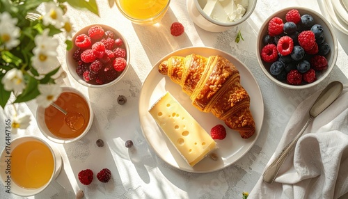 Wallpaper Mural Delicious Breakfast Spread with Croissant Cheese Berries Orange Juice and Jam on a Textured White Table with Natural Sunlight Torontodigital.ca