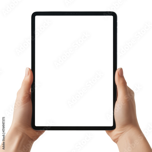 hands holding a vertical tablet with a blank white screen for mockup. Isolated on transparent background