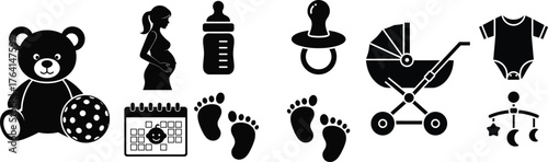 Pregnancy, Newborn Baby, and Maternity Icon Set Vector Illustration