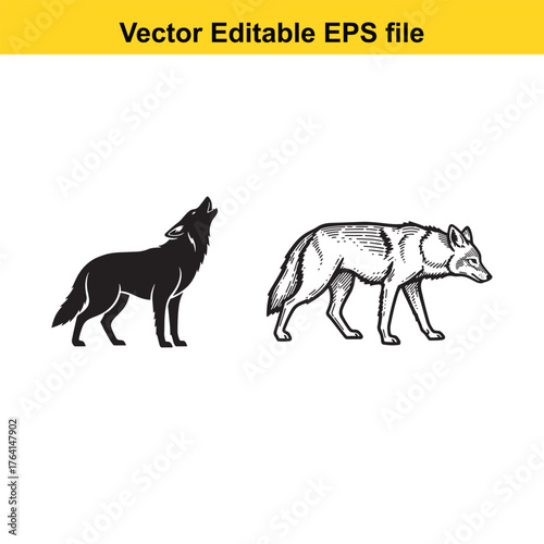 Vector art of two wolves, one black silhouette and one detailed sketch, standing side by side