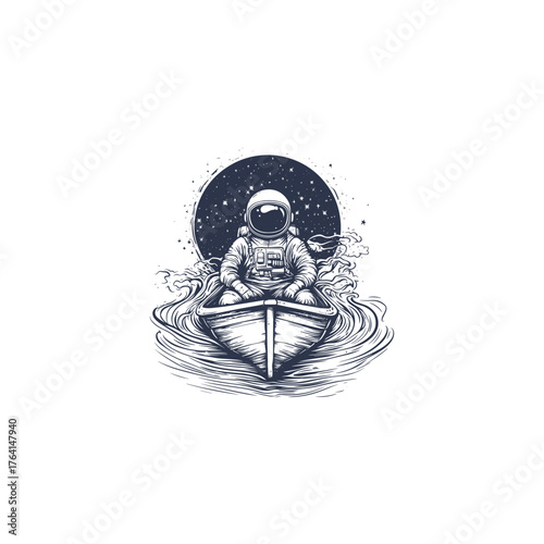 Surreal vintage hand-drawn illustration depicting an astronaut sitting in a small rowboat, calmly drifting on water under a cosmic night sky filled with stars
