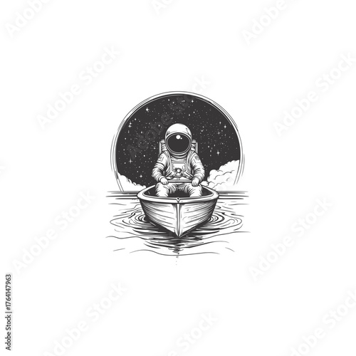 Surreal vintage hand-drawn illustration depicting an astronaut sitting in a small rowboat, calmly drifting on water under a cosmic night sky filled with stars