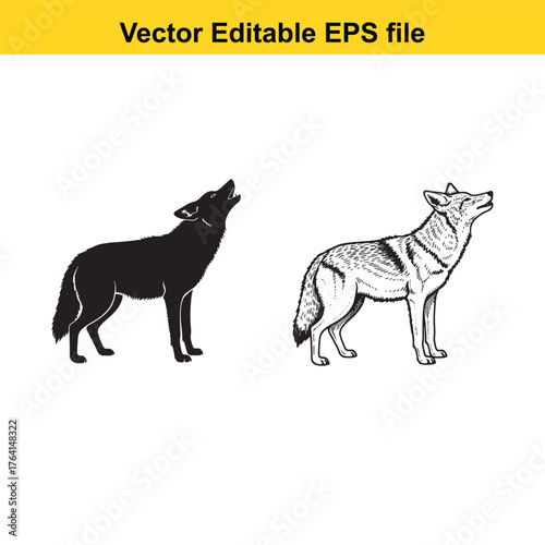 Vector art of two wolves, one black silhouette and one detailed sketch, standing side by side