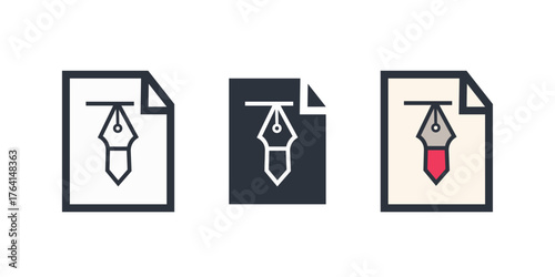 Document with pen nib in different style icon set. Line, solid and filled outline versions. Color vector sign and symbol for vector file, edit tool and creative document icon.