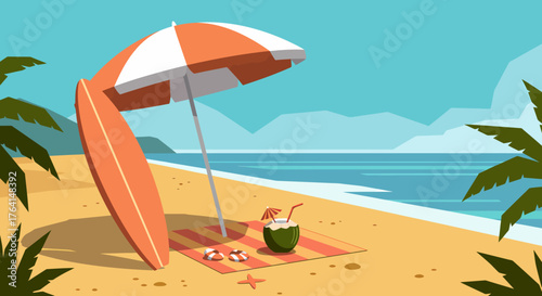 Escape to paradise with this vibrant beach scene. Perfect for summer ads, vacation promotions, and travel blogs, evoking relaxation and holiday bliss. Feel the summer breeze!