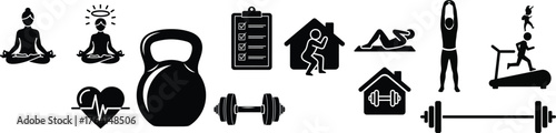 Home Workout, Fitness, and Yoga Icon Set Vector Illustration