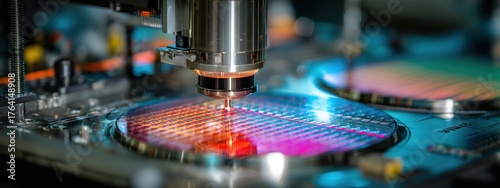 High-Tech Machinery in a Semiconductor Fabrication Lab with Colorful Wafers Under Inspection. Banner, copy space