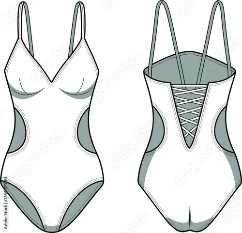 Women's cutout one-piece swimsuit fashion flat technical sketch vector illustration for swimwear design and apparel template.