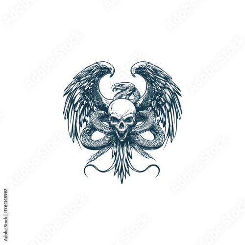Intense vintage hand-drawn illustration depicting a fierce eagle with spread wings and a central human skull, all tightly intertwined with a striking snake