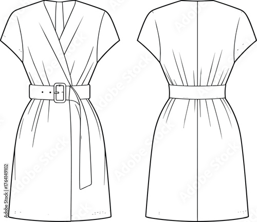 Women's stylish belted wrap dress fashion flat technical sketch vector illustration for apparel design and clothing template.