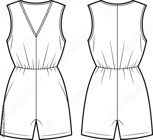 Women's stylish casual elastic waist romper fashion flat technical sketch vector illustration for apparel design and clothing template.