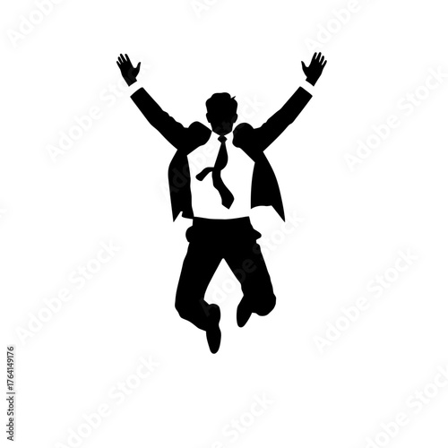 Silhouette of a man in a suit jumping with arms raised in a gesture of success or celebration.